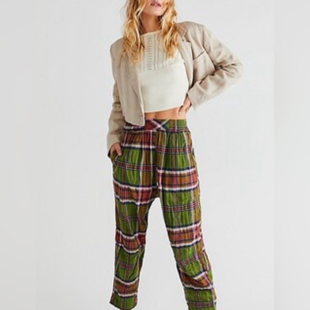 Free People Pull On Preppy Plaid Green Pants